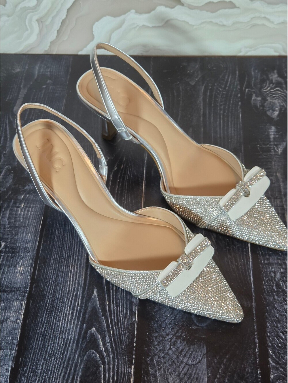 INC Gelsey 3 Silver Crystal Rhinestone Bow Slingback Heels Size 7M NIB